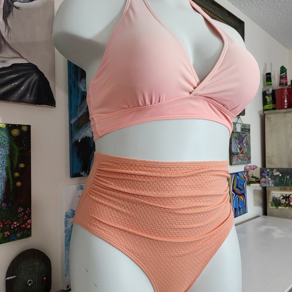 Peach Two-Tone Two-strap Two-piece Tie-neck High-waist Swimsuit Womens Sz Large